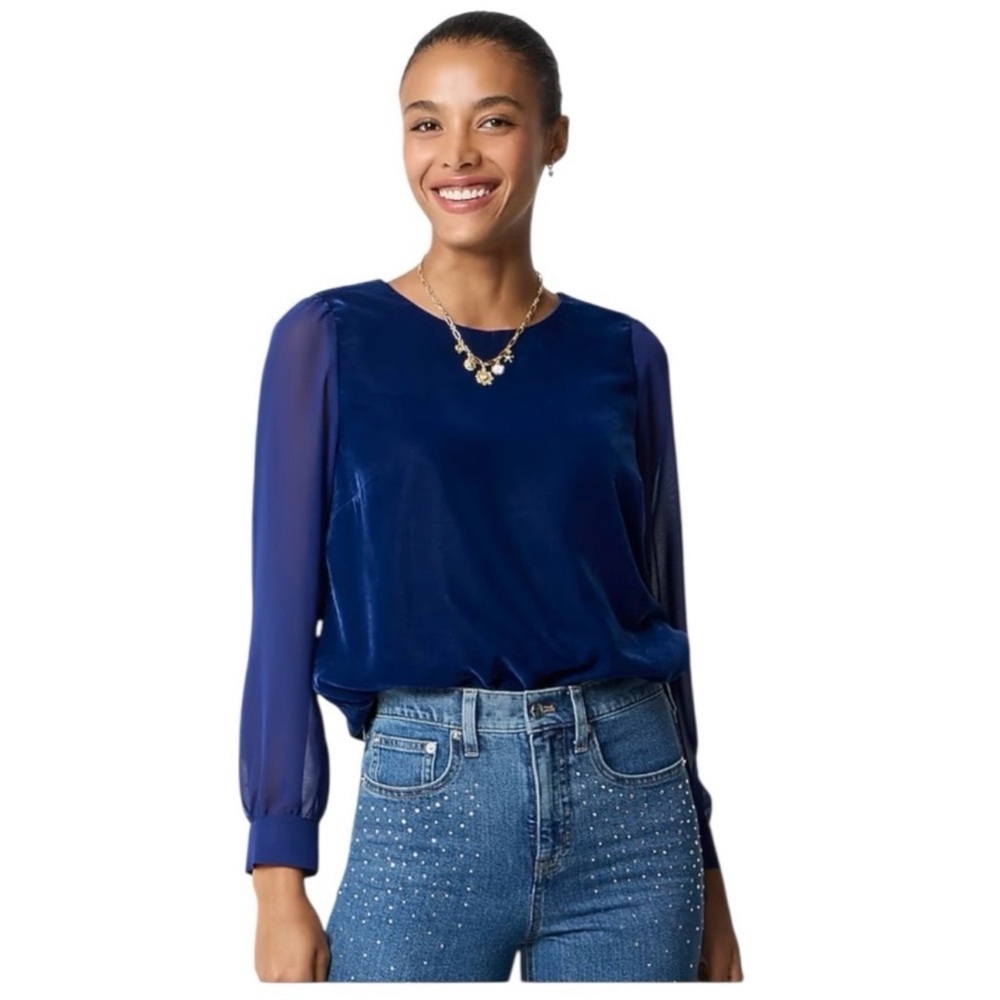 NWT! J. Crew Velvet Puff Sleeve Top in Color: Fairmont Blue. Size Medium.